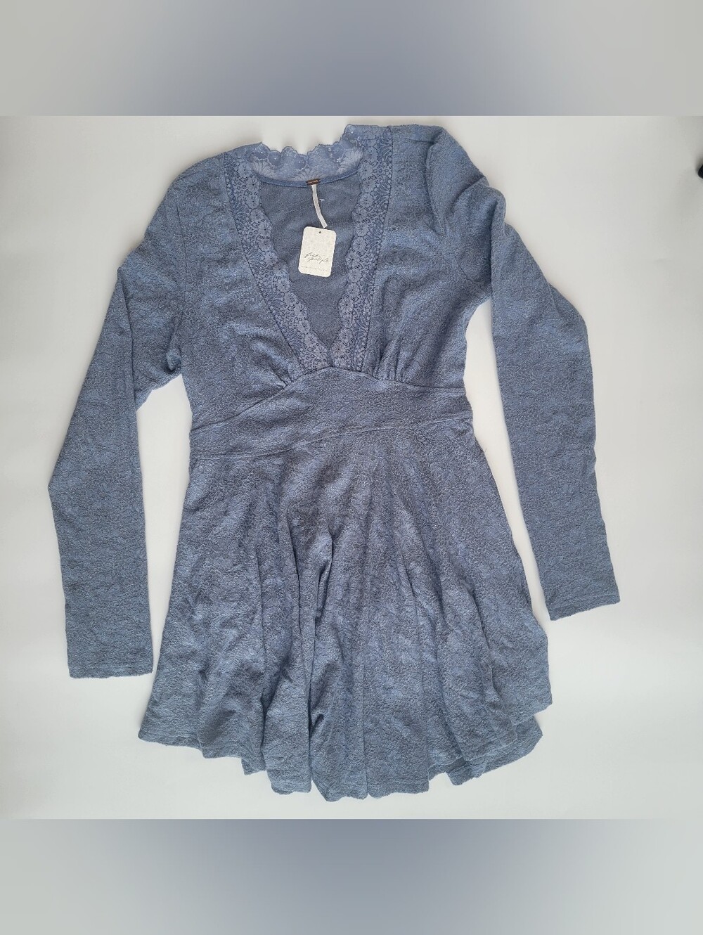 Free People All Yours Dress Size L Slate Blue Long Sleeve Mini NWT
